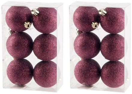 12x Glitter kerstballen aubergine roze 6 cm kerstboomversiering - Kerstbal