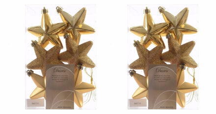 12x Gouden sterren kerstballen 7 cm - Glans/mat/glitter - Onbreekbare plastic kerstballen - Kerstboomversiering goud