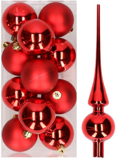 12x Kerst rode kunststof kerstballen met glazen piek glans - Kerstbal Rood