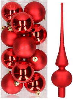 12x Kerst rode kunststof kerstballen met glazen piek mat - Kerstbal Rood