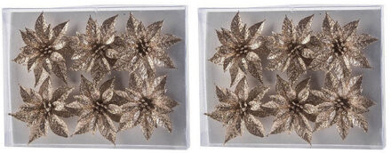 12x Kerstboomversiering champagne glitter bloemen op clip - kerstboom decoratie - champagne kerstversieringen