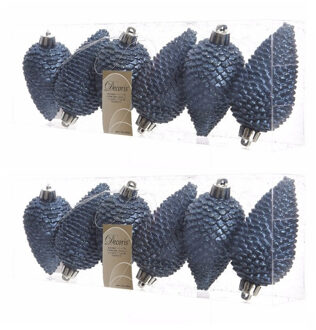 12x Kunststof dennenappel kerstballen glitter donkerblauw 8 cm kerstboom versiering/decoratie - Kersthangers