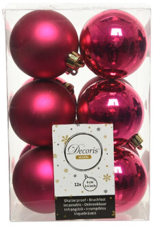 12x Kunststof kerstballen glanzend/mat bessen roze 6 cm kerstboom versiering/decoratie - Kerstbal