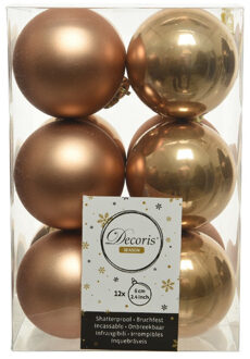 12x Kunststof kerstballen glanzend/mat camel bruin 6 cm kerstboom versiering/decoratie - Kerstbal