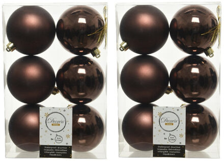 12x Kunststof kerstballen glanzend/mat donkerbruin 8 cm kerstboom versiering/decoratie - Kerstbal