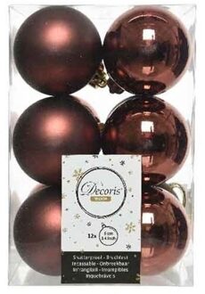 12x Kunststof kerstballen glanzend/mat mahonie bruin 6 cm kerstboom versiering/decoratie - Kerstbal