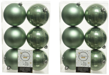 12x Kunststof kerstballen glanzend/mat salie groen 8 cm kerstboom versiering/decoratie - Kerstbal