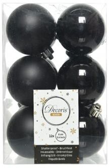 12x Kunststof kerstballen glanzend/mat zwart 6 cm kerstboom versiering/decoratie - Kerstbal