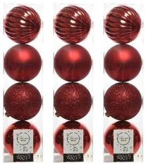 12x Kunststof kerstballen mix kerstrood 10 cm kerstboom versiering/decoratie - Kerstbal