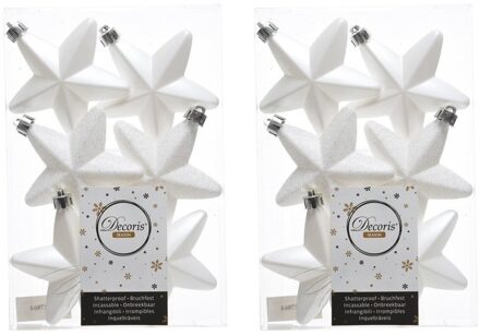 12x Kunststof sterren kerstballen glans/mat/glitter winter wit 7 cm kerstboom versiering/decoratie - Kersthangers