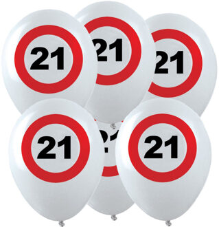 12x Leeftijd verjaardag ballonnen met 21 jaar stopbord opdruk 28 cm - Ballonnen Wit