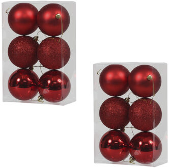 12x Rode kunststof kerstballen 8 cm glans/mat/glitter - Kerstbal Rood