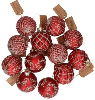12x Rode luxe glazen kerstballen met gouden decoratie 6 cm - Kerstbal Rood