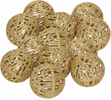 12x Rotan kerstballen goud met glitters 5 cm kerstboomversiering - Kerstbal Goudkleurig