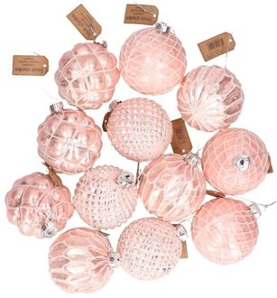 12x Roze luxe glazen kerstballen met gouden decoratie 8 cm