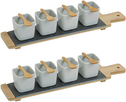 12x Snackschaaltjes/sausschaaltjes wit porselein vierkant 7 cm op serveerplank