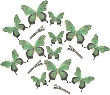 12x stuks decoratie vlinders op clip - groen - 3 formaten - 12/16/20 cm - Hobbydecoratieobject