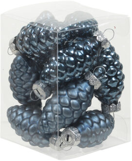 12x stuks glazen dennenappels kersthangers donkerblauw 6 cm mat/glans - Kersthangers