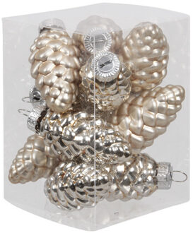12x stuks glazen dennenappels kersthangers licht champagne 6 cm mat/glans - Kersthangers Beige