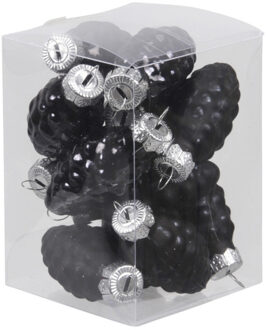 12x stuks glazen dennenappels kersthangers zwart 6 cm mat/glans - Kersthangers