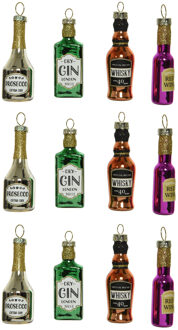 12x stuks glazen kersthangers flessen drank 6,5 cm kerstornamenten