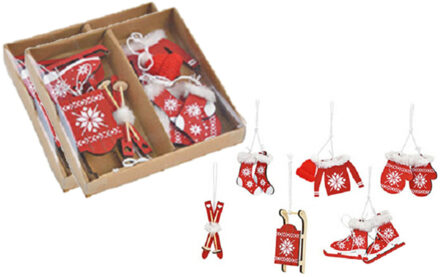 12x stuks houten kersthangers rood/wit wintersport thema kerstboomversiering