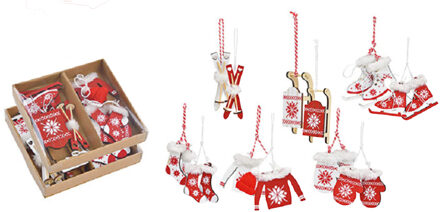 12x stuks houten kersthangers wit/rood wintersport thema kerstboomversiering - Kersthangers Multikleur