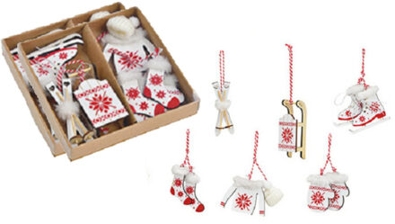 12x stuks houten kersthangers wit/rood wintersport thema kerstboomversiering