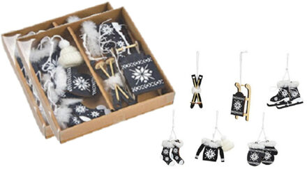 12x stuks houten kersthangers zwart wintersport thema kerstboomversiering - Kersthangers