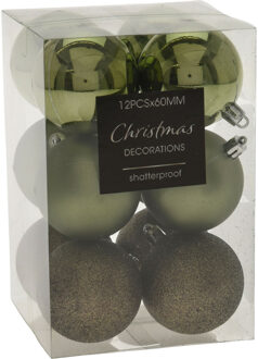 12x stuks kerstballen mix groen tinten kunststof 6 cm