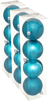 12x stuks kerstballen turquoise blauw mix kunststof 8 cm - Kerstbal