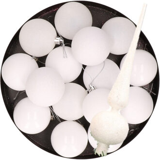 12x stuks kunststof kerstballen 6 cm inclusief glitter piek wit