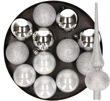 12x stuks kunststof kerstballen 6 cm inclusief glitter piek zilver