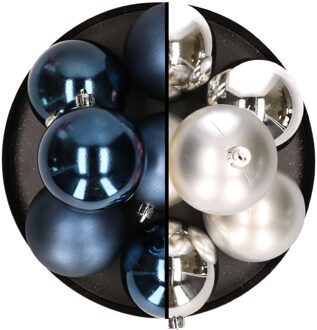12x stuks kunststof kerstballen 8 cm mix van donkerblauw en zilver - Kerstbal Zilverkleurig