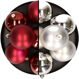 12x stuks kunststof kerstballen 8 cm mix van donkerrood en zilver
