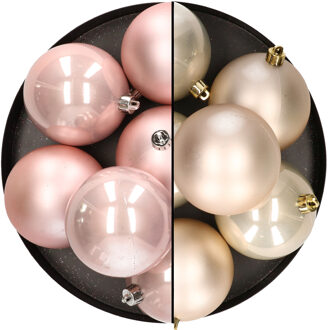 12x stuks kunststof kerstballen 8 cm mix van lichtroze en champagne - Kerstbal Champagnekleurig