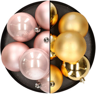 12x stuks kunststof kerstballen 8 cm mix van lichtroze en goud