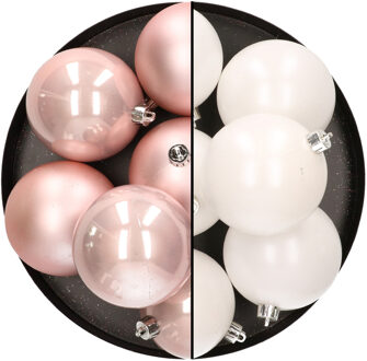 12x stuks kunststof kerstballen 8 cm mix van lichtroze en wit