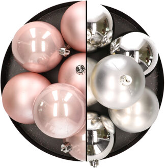 12x stuks kunststof kerstballen 8 cm mix van lichtroze en zilver - Kerstbal Zilverkleurig