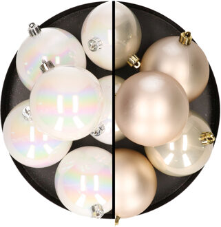 12x stuks kunststof kerstballen 8 cm mix van parelmoer wit en champagne