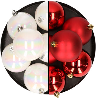 12x stuks kunststof kerstballen 8 cm mix van parelmoer wit en rood