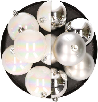12x stuks kunststof kerstballen 8 cm mix van parelmoer wit en zilver
