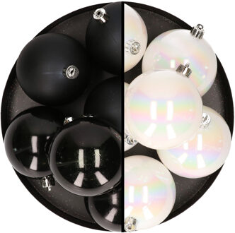 12x stuks kunststof kerstballen 8 cm mix van parelmoer wit en zwart