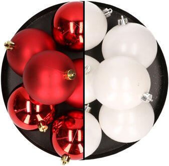 12x stuks kunststof kerstballen 8 cm mix van wit en rood - Kerstbal Multikleur