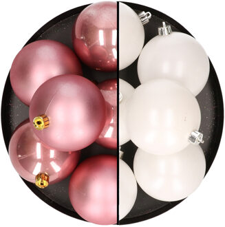 12x stuks kunststof kerstballen 8 cm mix van wit en velvet roze