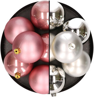 12x stuks kunststof kerstballen 8 cm mix van zilver en oudroze