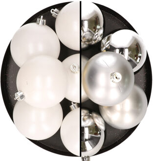 12x stuks kunststof kerstballen 8 cm mix van zilver en wit - Kerstbal
