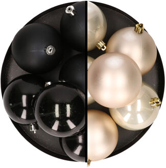 12x stuks kunststof kerstballen 8 cm mix van zwart en champagne - Kerstbal Champagnekleurig