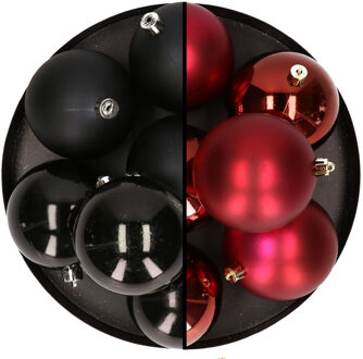 12x stuks kunststof kerstballen 8 cm mix van zwart en donkerrood
