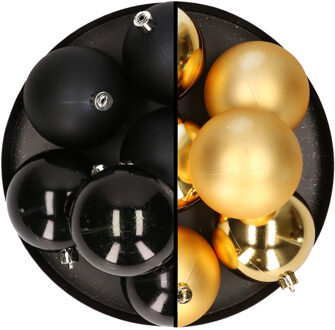 12x stuks kunststof kerstballen 8 cm mix van zwart en goud